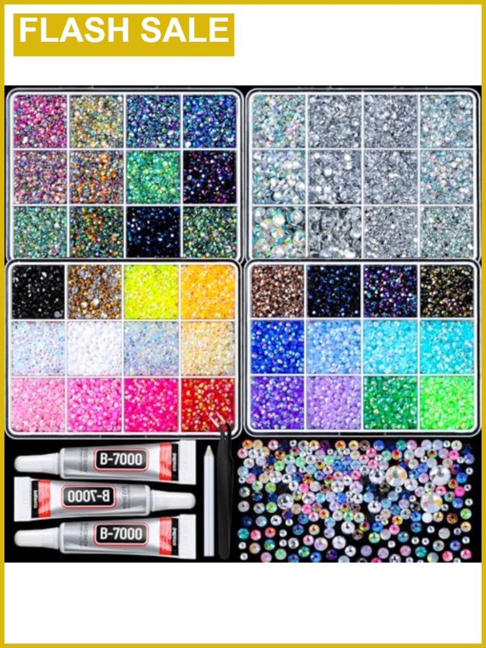 25000PCS Rhinestones Kit with Jewelry Glue, Multicolor AB Flat Back Gems